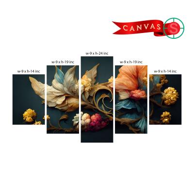 Premium 5-Piece Split Wall Canvas – Abstract Floral & Golden Vine Collection